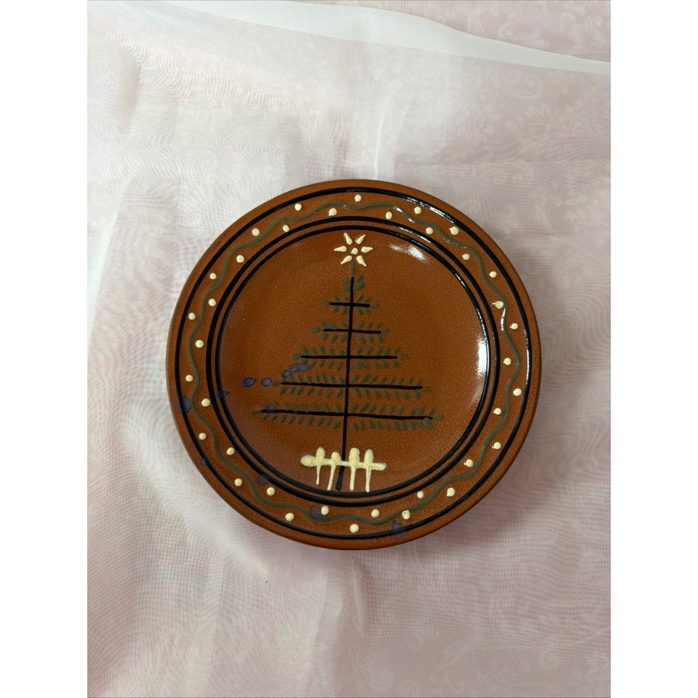 Handmade Redware Pottery Christmas Tree Plate Signed Dated Folk Art 7 Inch
